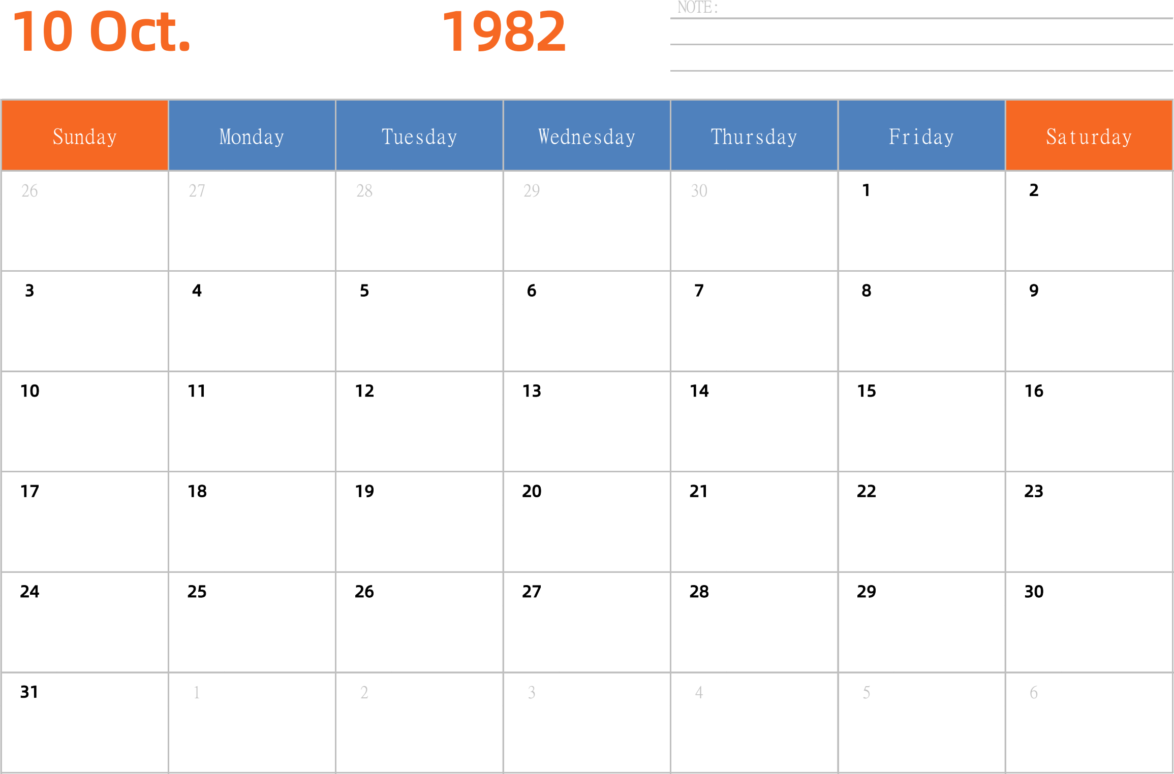 日历表1982年日历 英文版 横向排版 周日开始